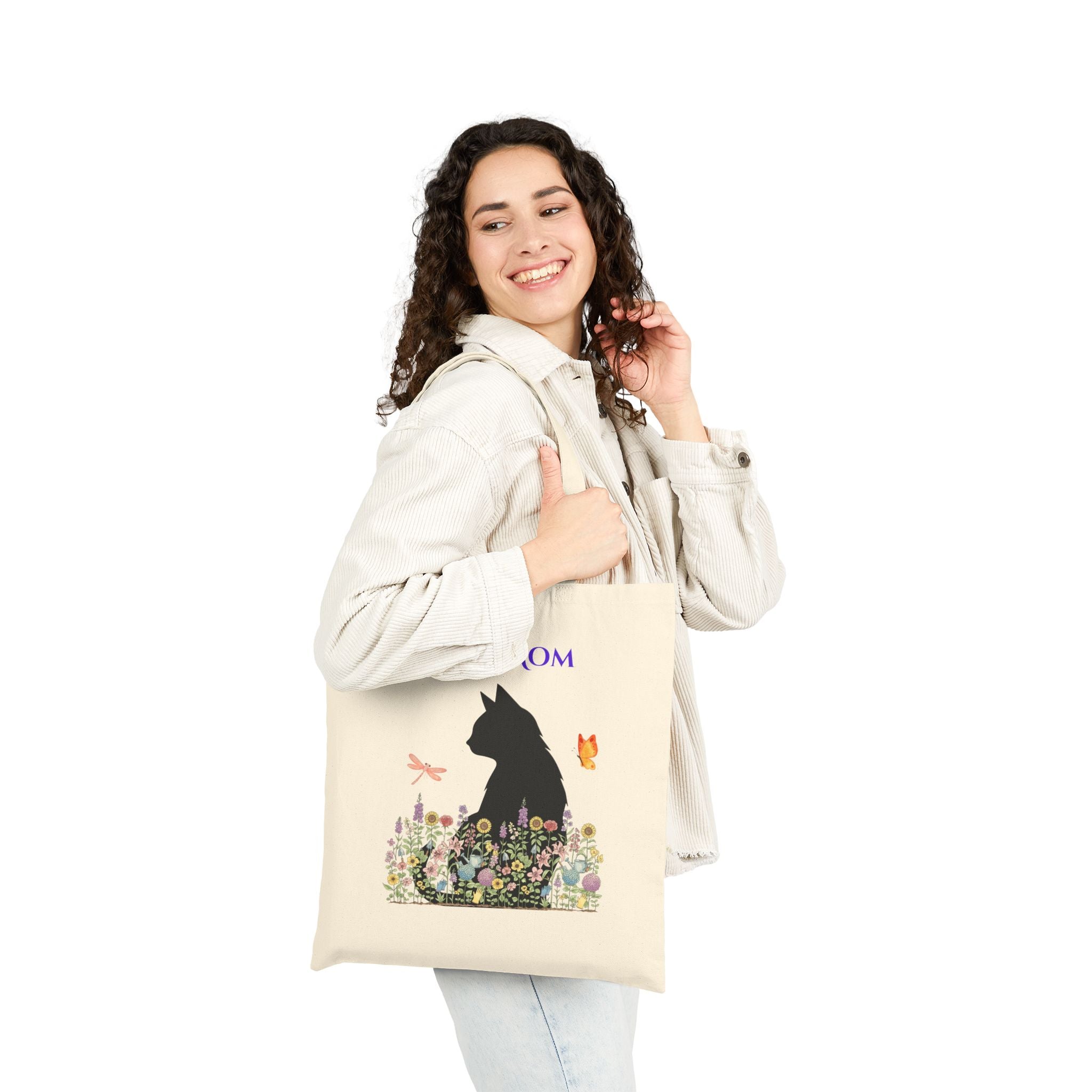 Cat Mom Canvas Tote Bag — Floral Black Cat Silhouette Reusable Grocery & Gift Tote